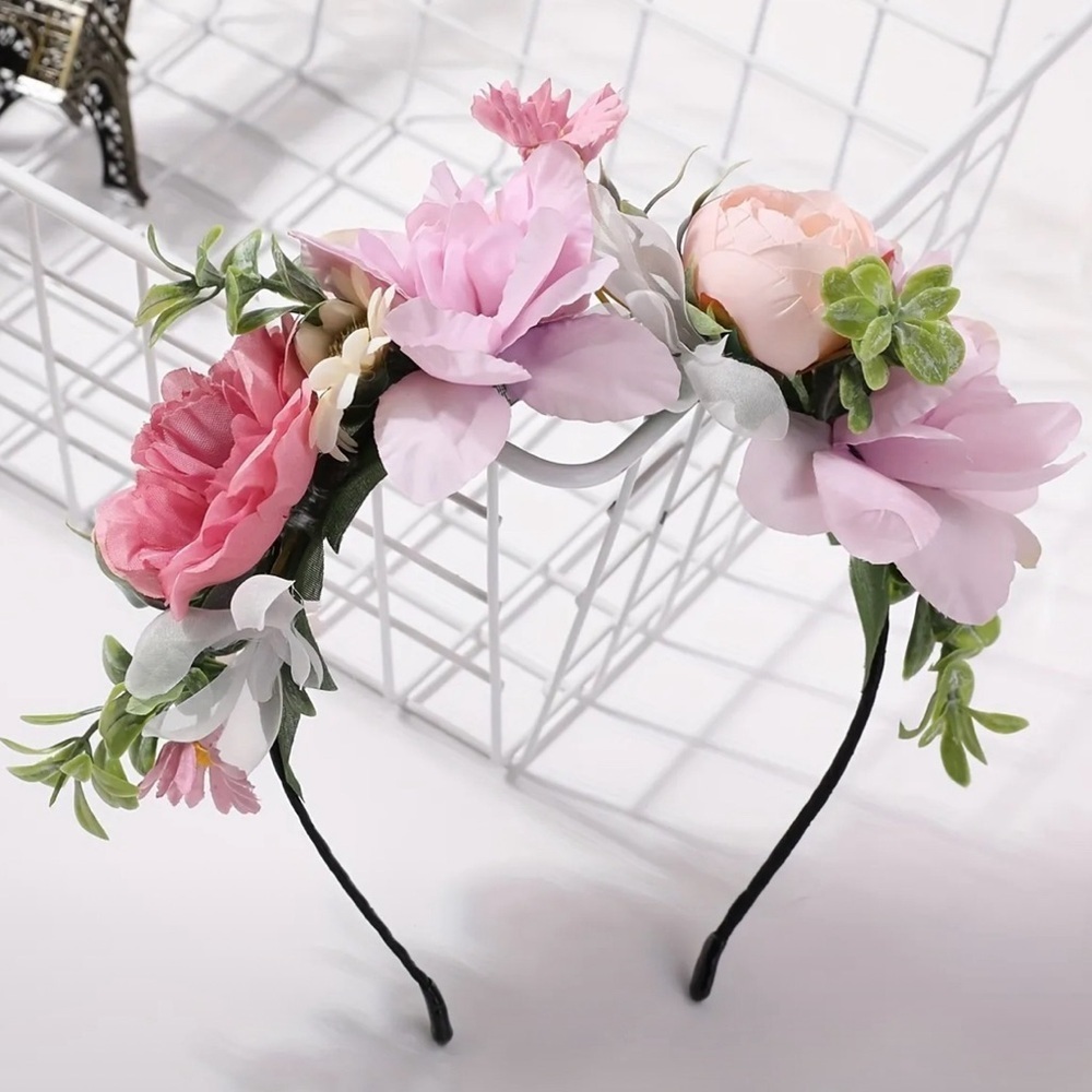 Floral Headband with Pink and Green Accents